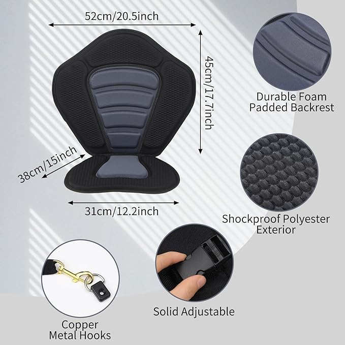 Kayak Seat with Back Support, Thickened Padded Deluxe Canoe Seat with Adjustable Straps Accessory for Kayaking Canoeing Rafting Fishing