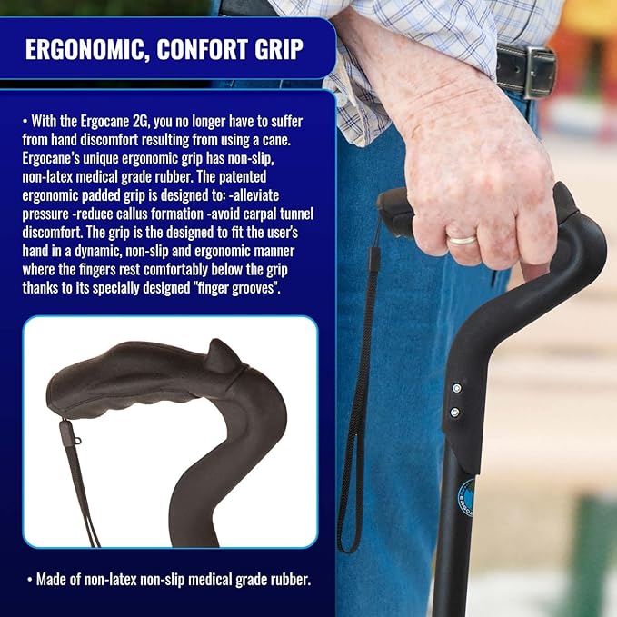 Ergocane 2G by Ergoactives As Seen On TV. Spring-Assisted Shock Absorber Fully-Adjustable Ergonomic Cane, Newly Released, Equipped with Stand Alone High Performance Rubber Tip (Matte Black Design)
