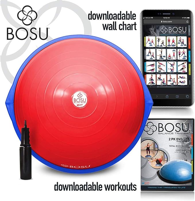 Bosu Balance Ball Exercise Trainer, Home Gym Equipment w/ Guided Workouts & Pump, 26", Blue - Inflatable Fitness Platform for Strength Training, Standing, Balancing, and Core Workout