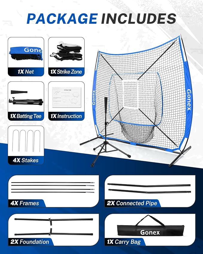 Gonex 7' x 7' Baseball Softball Practice Net Set with Batting Tee for Hitting and Pitching Batting, Practice Training Aid, with Strike Zone, Large Mouth, Bow Frame, Carrying Bag