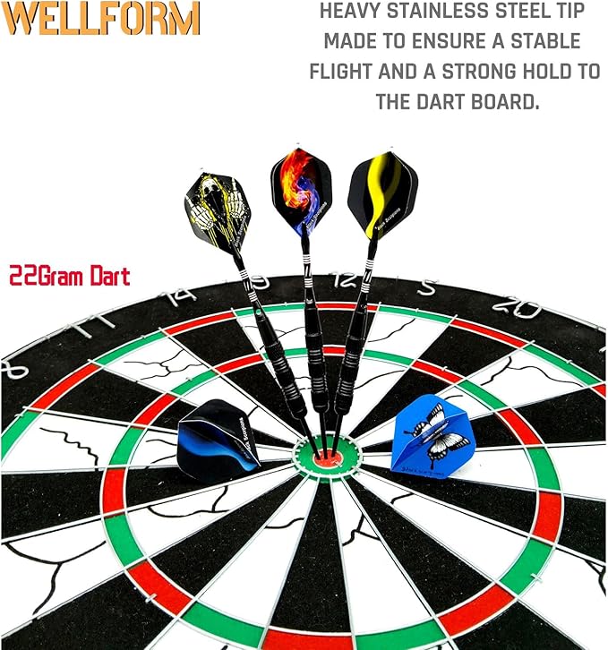 Darts Metal Tip Set，12 Pack 22 Gram with Nonslip Iron Barrel, Darts Steel Tip Set Professional,with 12 Aluminum Dart Shafts, 24 Extra Flights, Dart Sharpener, Dart Wrench, Stylish Gift Box