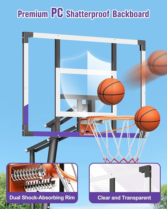 TONBUX Basketball Hoop Outdoor 44/48 Inch Shatterproof PC Backboard, 5.25-10FT Stepless Adjustable Height, Portable Basketball Hoop for Kids/Teens/Adults in Backyard, Driveway and Indoor
