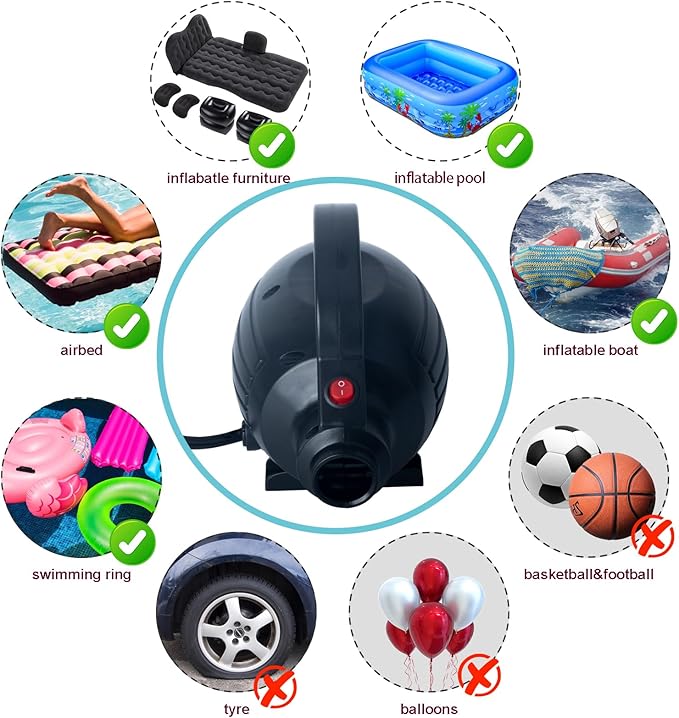 Electric Pump for Inflatables, Quick-Fill Air Mattress Pump for Air Bed Pool Toy Raft Boat, AC 110-120V Inflator,Electric Air Pump with 4 Nozzles, Black