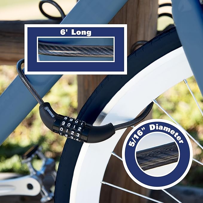 BRINKS 6 ft Outdoor Bike Lock Cable 2 Pack, Anti Theft Self-Coiling Design, Resettable 4-Dial Combination, 5/16" Weather-Resistant Vinyl Coating for Bikes