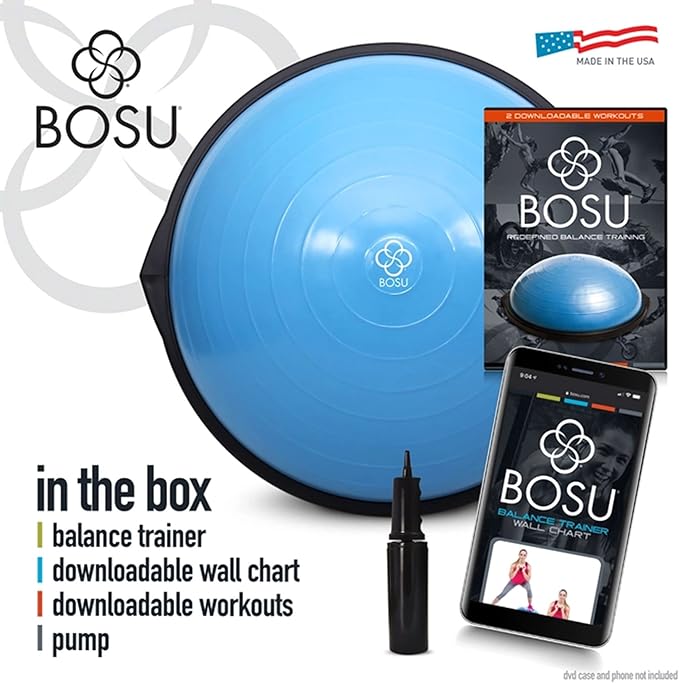Bosu Balance Ball Exercise Trainer, Home Gym Equipment w/ Guided Workouts & Pump, 26", Blue - Inflatable Fitness Platform for Strength Training, Standing, Balancing, and Core Workout
