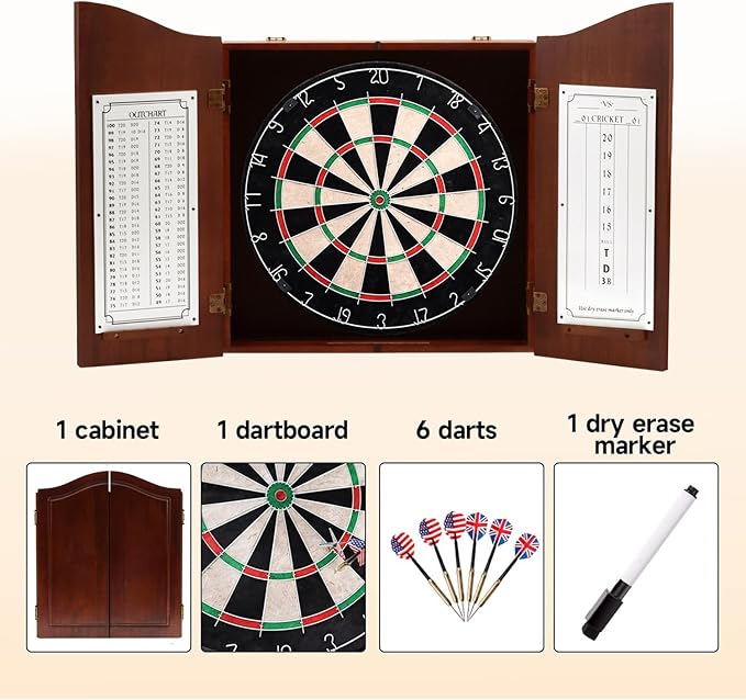 GSE Games & Sports Expert Professional Solid Wood Classic Dartboard Cabinet with Sisal/Bristle Dartboard, Scoreboard, and 6 Steel Tip Darts, Easy Assembly Complete with All Accessories (Deluxe Walnut)