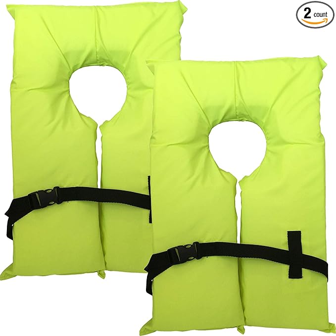 2 Pack Coast Guard Approved Life Jackets. High Visibility Color Type II Keyhole Life Vest in Classic May West Style. Compliance Flotation Device