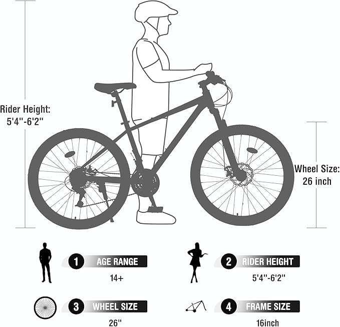 Mountain Bike 26 inch 24 Speed Dual Disc Brake MTB Front Suspension Fork Mountain Bicycle for Adult Men Women Outdoor Cycling