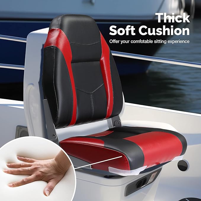 PEXMOR Boat Seats Low/High Back, Folding Boat Seat Included, Fold-Down Fishing Boat Seats Waterproof Captain Boat Seat w/Aluminum Hinges & Thick Soft Cushion, 2 Packs (High Back-Red & Black)