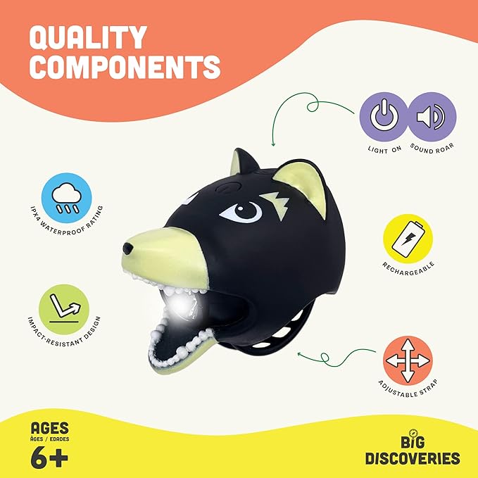 Big Discoveries Bear Bike Light - Kids Bicycle and Scooter LED Light with Realistic Roar and Bell Sound Effects | Fun Light and Horn Accessory for Boys, Girls, and Adults