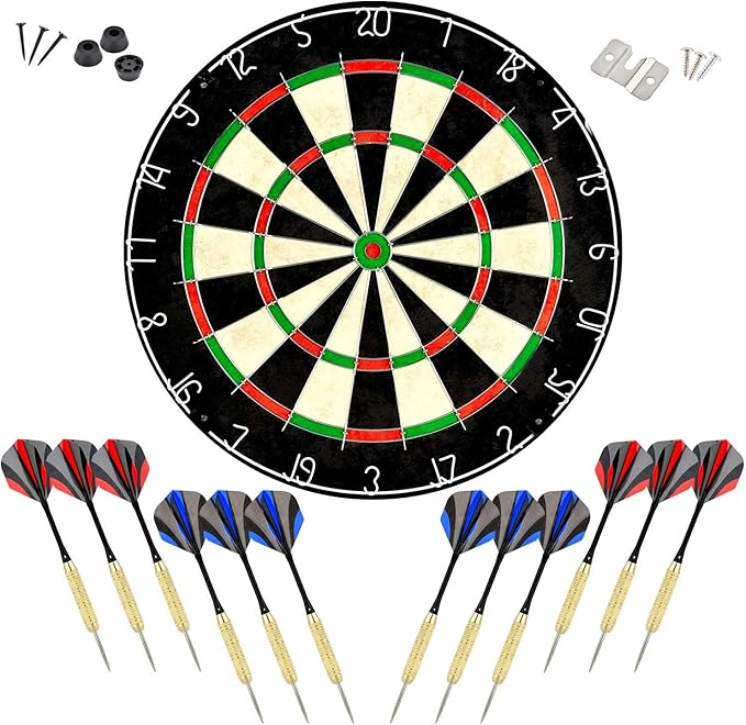 LinkVisions Dartboard with Staple-Free Bullseye, 18g Steel Tip Darts Set,12 Steel Tip Darts 18g, Dartboard Mounting Kits Included