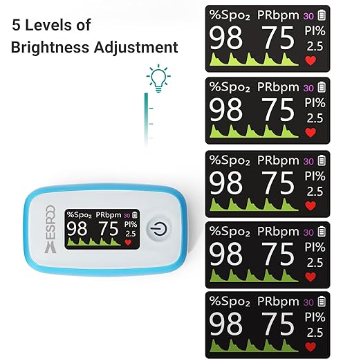 ESPOO Pulse Oximeter with 20 Memory, Oxygen Monitor Fingertip 4 Color TFT Display(SPO2), Alarm & Brightness Adjustable, Batteries & Lanyard Include(White&Blue)