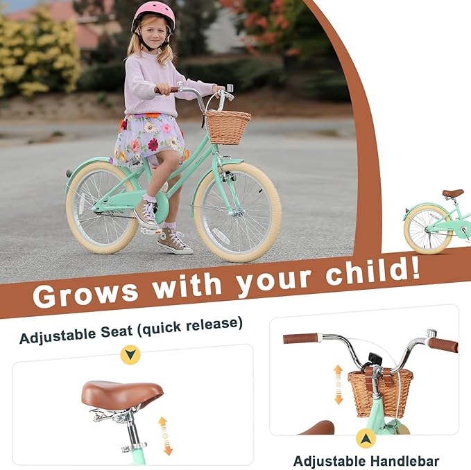 Glerc Little Molly 12-20 Inch Kids Retro Cruiser Bike for 2-13 Year Old with Wicker Basket & Training Wheels/Kickstand, Multiple Colors