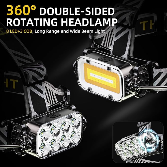 Headlamp Rechargeable, 8 LED Head Lamp, 360° Double Sided Rotating Head Flashlight, Super Bright Outdoor Waterproof Headlight for Camping, Fishing, Hunting, Running, Repairing, Hiking