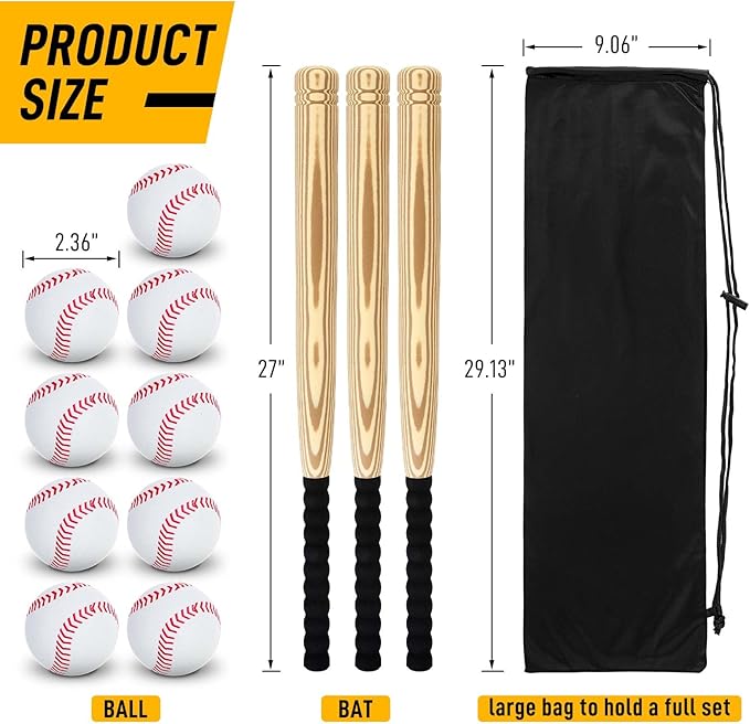13 Pieces Kids Foam Baseball Bat and Ball Set Includes 3 Pcs 27'' Safe T Ball Bat with 9 Pcs Soft Baseballs 1 Storage Bag for Hitting Indoor Outdoor Sport Gift Playing Game (Classic)