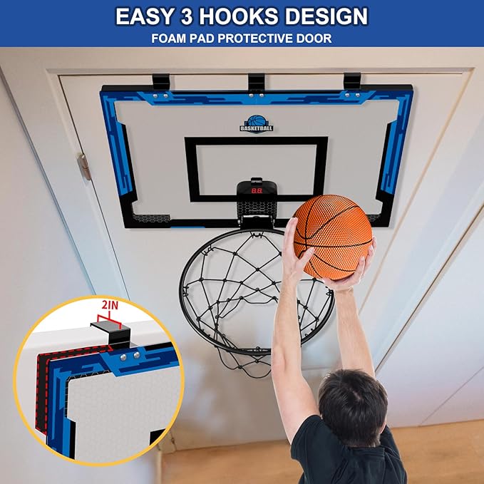 24" x 16" Large Basketball Hoop Indoor for Adults, Over The Door Hoop with Sturdy Backboard, Big Basketball Toys Gifts Ideas for Man Kids Teens Boys Girls, Blue