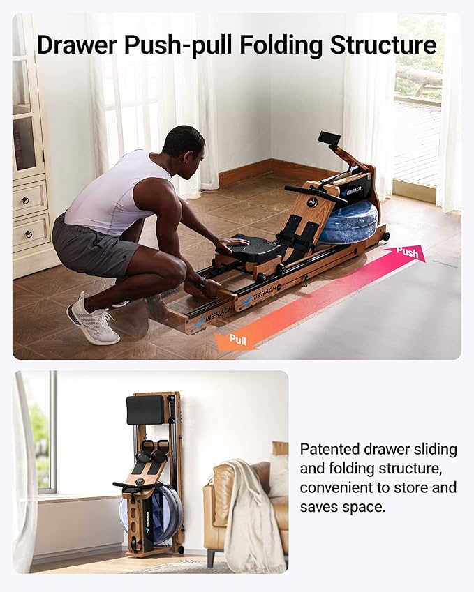 MERACH Water Rowing Machines for Home, Foldable Row Machine with 400LBS Weight Capacity, Dedicated Monitor and Comfortable Seat, Free MERACH App for Immersive Water Rower