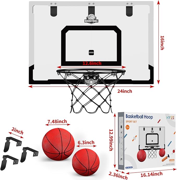24" x 16" Large Basketball Hoop Indoor for Adults, Over The Door Basketball Hoop with Sturdy Backboard, Big Basketball Toys Gifts Ideas for Man Kids Teens Boys Girls, Black