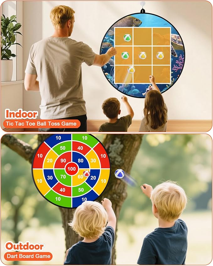 Carnival Games Set, Giant Tic Tac Toe Games, 4ft x 4ft Double-Sided, 26" Dart Board with Sticky Balls, Soft Plastic Cones Ring Toss Game Set for Kids Adults Family Outdoor Lawn Yard Birthday Party