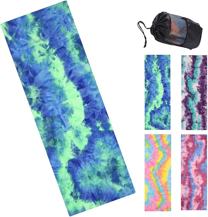 Tie-Dye Hot Yoga Towel with Non-Slip Grip Dots, Microfiber Yoga Mat Sweat Absorbent Mat Cover for Yoga, Pilates, & Workouts - 72" x 24.8", Free Carry Bag (Blue)