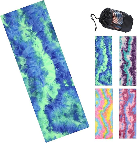Tie-Dye Hot Yoga Towel with Non-Slip Grip Dots, Microfiber Yoga Mat Sweat Absorbent Mat Cover for Yoga, Pilates, & Workouts - 72" x 24.8", Free Carry Bag (Blue)