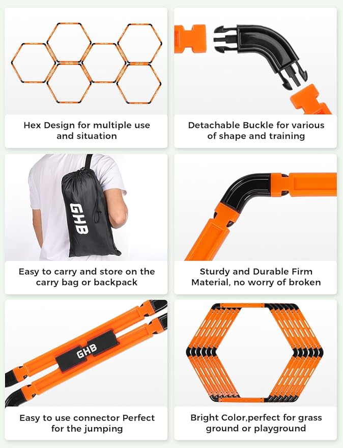 GHB Hex Agility Rings Speed Rings with Carrying Bag 6 Set Portable Hexagon Rings, Agility Ladder for Agility Footwork Training