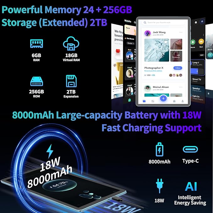 Android 15 Tablet, 2025 Upgraded 11 inch Android Tablets with Keyboard, 24GB+256GB+2TB Expand, Support Face Unlock+18W Fast Charging, Octa-Core CPU,Dual WiFi, Dual Camera,8000mAh Battery, Black