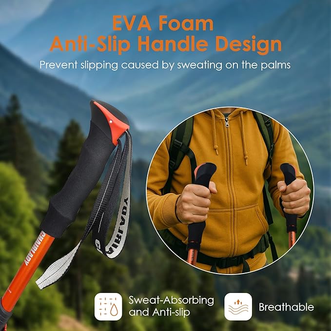 Collapsible Trekking Pole,7075 Aluminum Adjustable 43.3"-51.2" Hiking Pole, Quick-Lock Design,Walking Sticks for Hiking/Camping/Travel (Matte Orange)