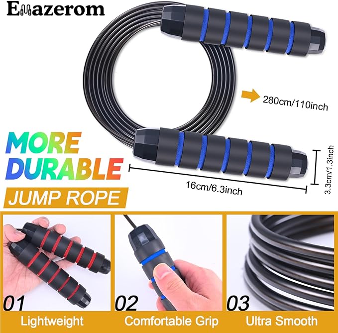 Jump Rope for Women Men Kids, Adjustable Skipping Rope with Ball Bearings, Professional Jumping Rope with Foam Handles, Tangle-Free Rapid Speed Jump Ropes for Fitness Workout Boxing Exercise
