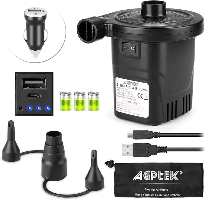AGPTEK Rechargeable Air Pump, Electric Air Pump 4000mAh Battery Quick-Fill Inflator & Deflator with 3 Nozzles, Lightweight & Portable Perfect for Air Beds, Air Mattresses, Pool Toys & Inflatable