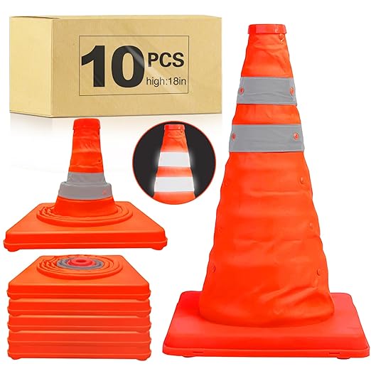 [10 Pack]18 Inch Collapsible Traffic Safety Cones - Parking Cones with Reflective Collars, Orange Safety Cones for Parking lot, Driveway, Driving Training etc
