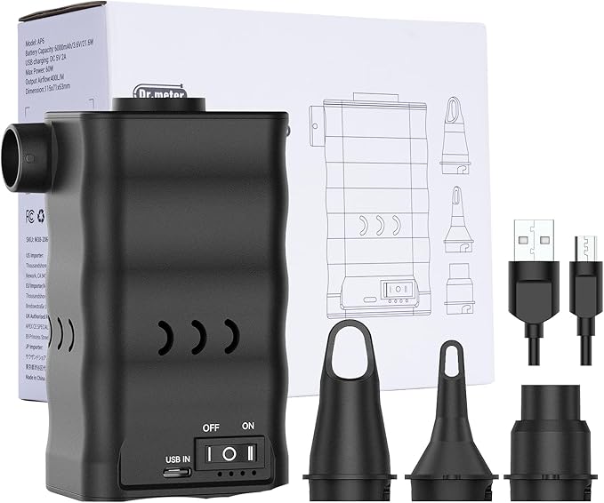 Dr.meter Air Mattress Pump, Rechargeable 6000mAh Portable Air Pump, Quick-Fill Electric Air Inflator Deflator for Outdoor Camping Inflatable Bed Pool Boat Float Raft Swimming Rings Vacuum Bag