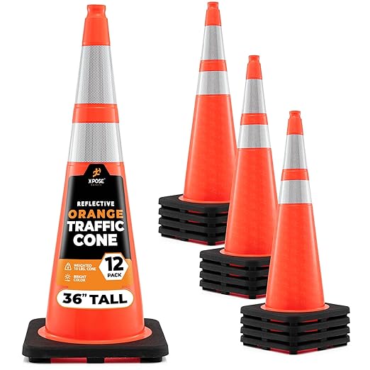 Xpose Safety 36 Inch Orange Traffic Cones with 6" & 4" Collars, 12-Pack - Multipurpose PVC Plastic Safety Cone for Parking, Soccer, Caution, Kids and Construction - DOT Approved