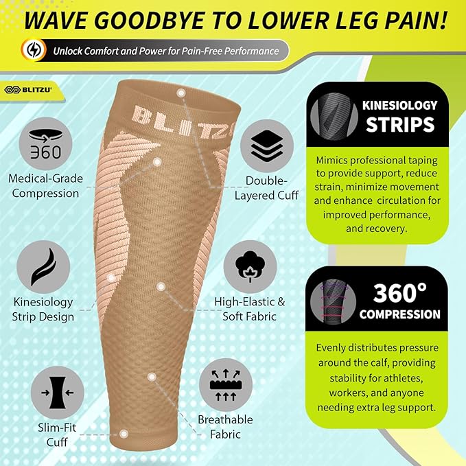 BLITZU Calf Compression Sleeve for Men & Women Footless Compression Socks Support Runners Leg Sleeve Shin Splints Pain Relief