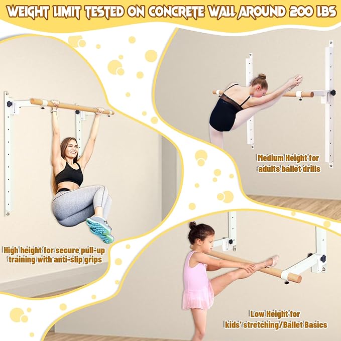 Wall Mounted Ballet Barre Adjustable Ballet Bar Foldable Dance Bar-Fully Adjustable -Solid Beech Wood Bar,Ballet workout Fitness Equipment Pull Up Stretch Never move