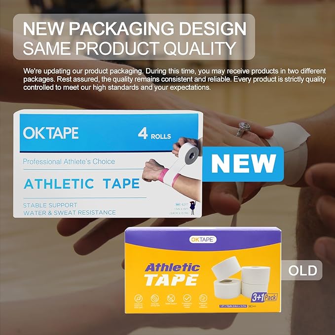 OK TAPE Athletic Sports Tape（4 Packs) - 45ft Per Roll Very Strong Tape for Athlete & Sport Trainers & First Aid Injury Wrap, Perfect for Fingers Ankles Wrist on Bat, Hockey Stick - Yellow