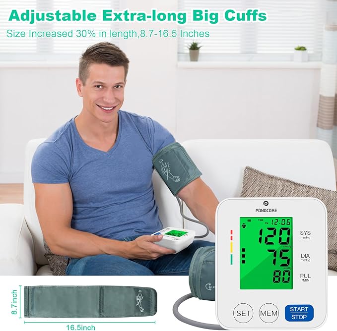 Blood Pressure Monitor Upper Arm Blood Pressure Machine for Home Use BP Cuff Kit, Large 3-Color 3.4'' Display with Backlight,Pulse Rate Detection Meter with Cuff 22-42cm/2×99 Sets Memory (White)