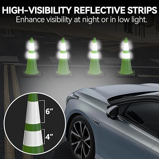 28 Inch Traffic Cones with Heavy Weighted Base (8 Pack) - Green Safety Cones with Reflective Collars for Parking Lots, Road Construction, and Event Control