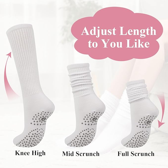 Grip Pilates Socks for Women, Yoga Slouch Socks with Grip for Barre Workout Hospital Long Scrunch Slipper Socks