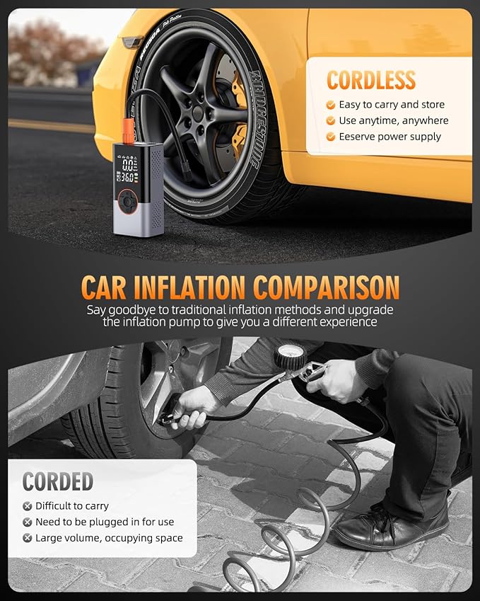 Tire Inflator Portable Air Compressor, 150PSI & 2X Faster Portable Air Compressor with Digital Pressure Gauge, 25000mAh Cordless Air Pump for Car, Motorcycle, Bike, Ball And More
