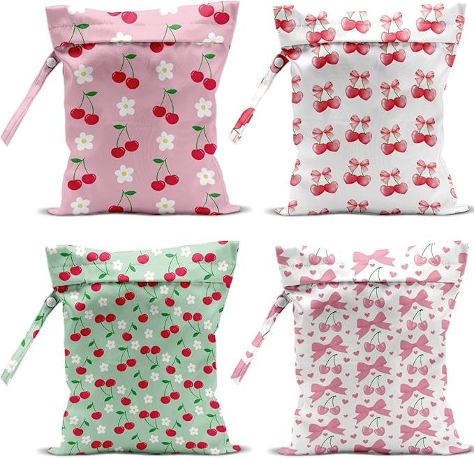 4 Pack Cute Flower Bow Cherry Wet Bag Waterproof Washable Reusable Wet Dry Bag for Swimsuit Bathing Clothes Soiled Items Cloth Diaper Travel BeachYoga Gym Toiletries Travel Beach Essentials