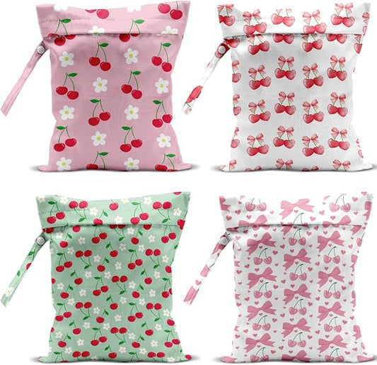 4 Pack Cute Flower Bow Cherry Wet Bag Waterproof Washable Reusable Wet Dry Bag for Swimsuit Bathing Clothes Soiled Items Cloth Diaper Travel BeachYoga Gym Toiletries Travel Beach Essentials