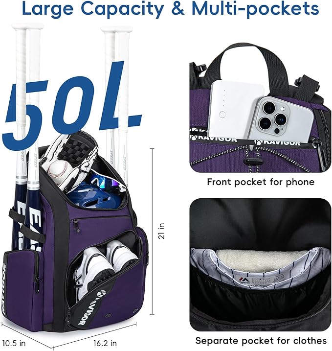 Baseball Bag for Youth and Adult, Softball Bag 50L Large Capacity Holds 4 Bats, Equipment Backpack with Shoes Compartment