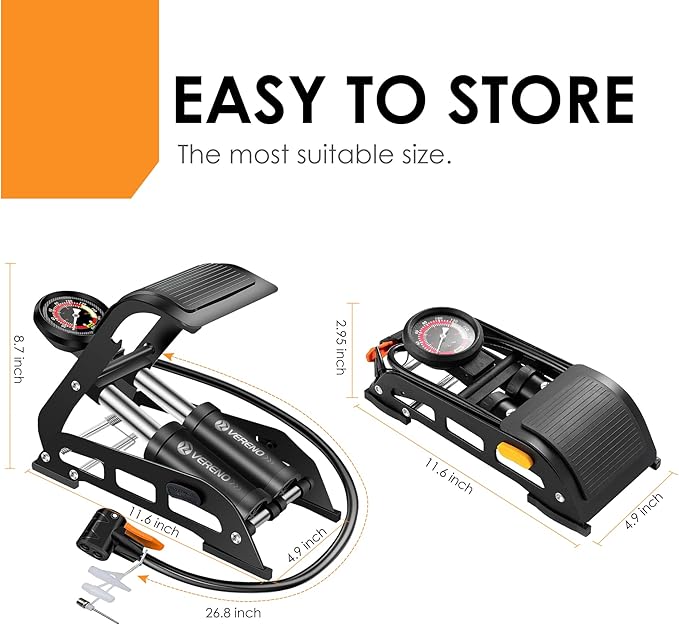 VERENO Double Barrel Bike Floor Foot Pump,Portable Air Pump Inflator Pump with 160PSI Precision Pressure Gauge Fits Presta Schrader and Deutschland Valve for Bicycle,Ball,Scooter,Car,Toys Inflatable