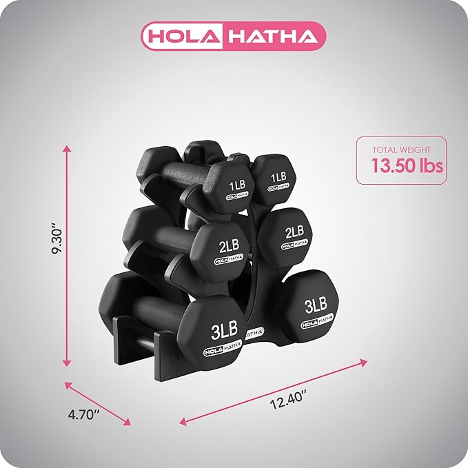HolaHatha 2, 3, 5, 8, and 10 Pound Neoprene Dumbbell Free Hand Weight Set with Rack, Ideal for Home Exercises to Gain Tone and Definition, Pastel