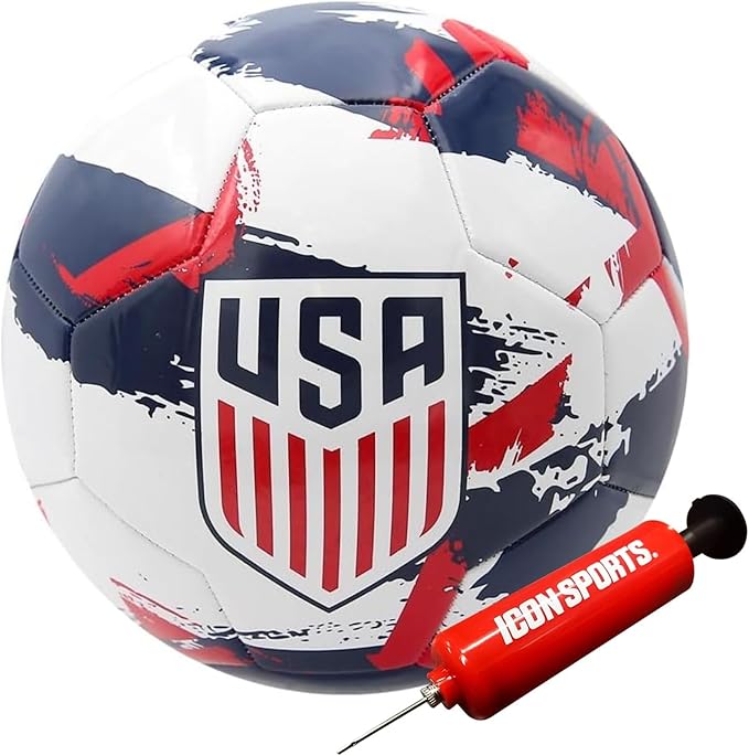 Icon Sports Officially Licensed U.S. Soccer, Size 5 Regulation Soccer Ball, Non-Toxic Patterned PVC, White Brush for Adults & Kids