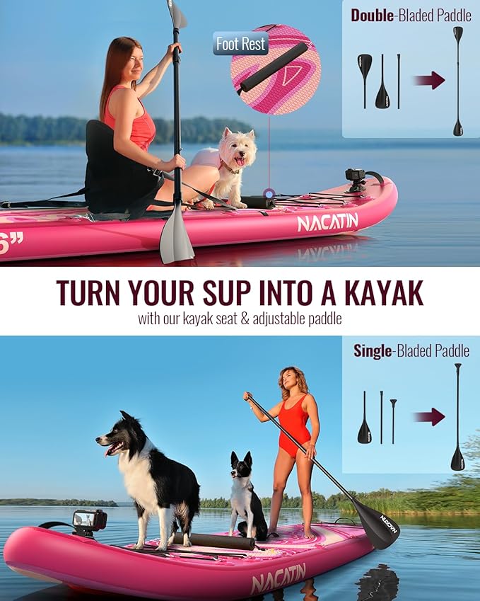 Inflatable Stand Up Paddle Board 12' with Kayak Seat & Dual Paddles – Premium SUP Board for Adults & Families Includes Kayak Conversion Kit, Pump, Leash & Accessories – Stable Wide Deck for Beginners