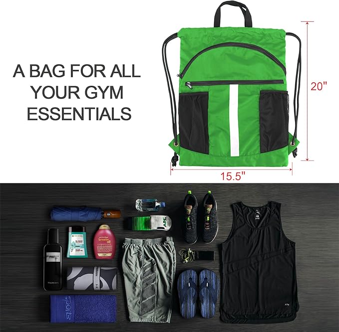 BeeGreen Drawstring Backpack Bag with Shoe Compartment, X-Large Black Gym Sports String Cinch Backpack