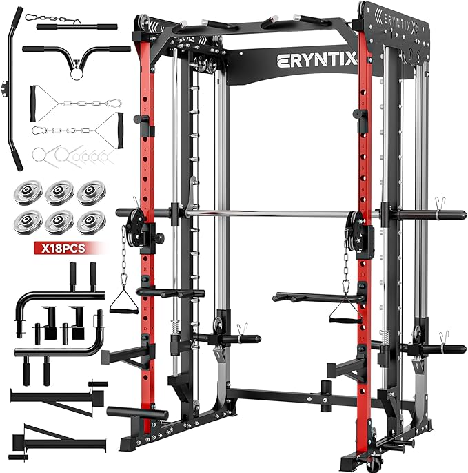 Smith Machine Power Rack | All-in-One Power Cage with Adjustable J-Hooks, Squat Rack for Home Gym, Cable Machine & Pull-Up Bar | Home and Garage Gym Equipment for Strength Training