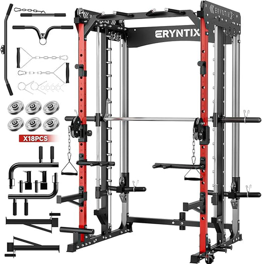 Smith Machine Power Rack | All-in-One Power Cage with Adjustable J-Hooks, Squat Rack for Home Gym, Cable Machine & Pull-Up Bar | Home and Garage Gym Equipment for Strength Training
